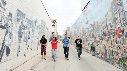 students walking around downtown naperville