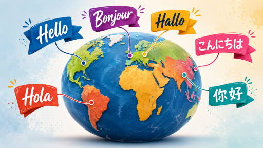 Globe with multilingual greetings